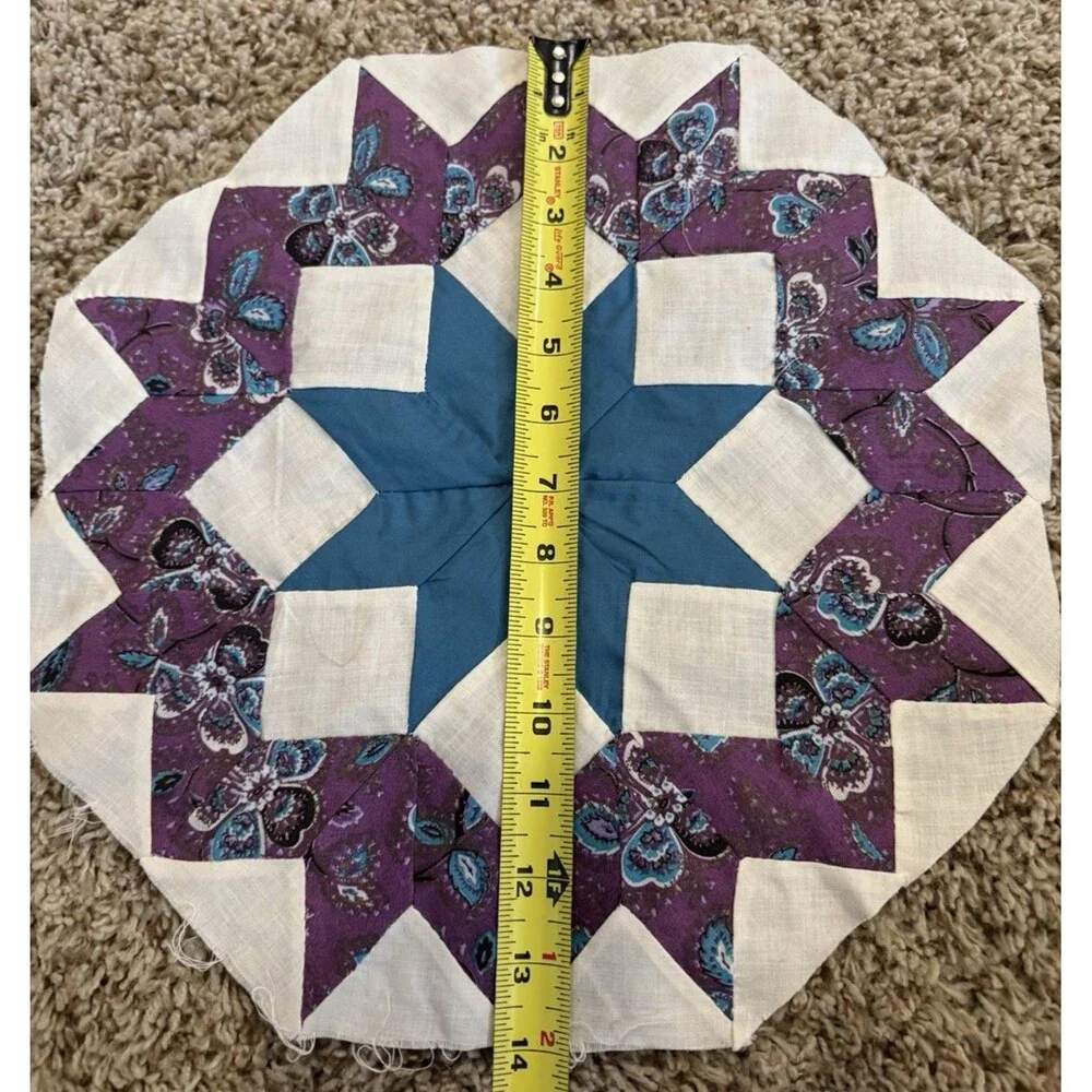 Vintage Hand Pieced Quilt Block Orphan Square 8-Point Star Purple Teal 14